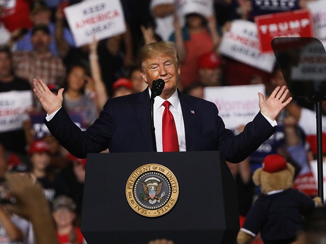 MANCHESTER, NEW HAMPSHIRE - AUGUST 15: President Donald Trump speaks to supporters at a rally in Manchester on August 15, 2019 in Manchester, New Hampshire. The Trump 2020 campaign is looking to flip the battleground state of New Hampshire with the use of a strong economy and appeals to his …