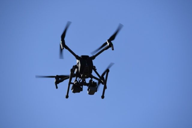 Drones are deployed during a demonstration at the Los Angeles Fire Department ahead of DJI