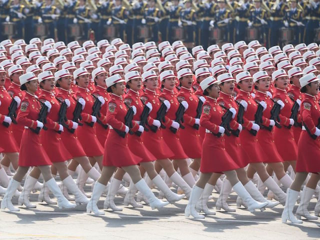 Chinese troops march during a military parade in Tiananmen Square in Beijing on October 1, 2019, to mark the 70th anniversary of the founding of the People's Republic of China. (Photo by GREG BAKER / AFP) (Photo credit should read GREG BAKER/AFP/Getty Images)