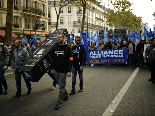 Policemen take part in a "march of anger" called by French Police unions in Paris, on October 2, 2019. (Photo by MARTIN BUREAU / AFP) (Photo by MARTIN BUREAU/AFP via Getty Images)