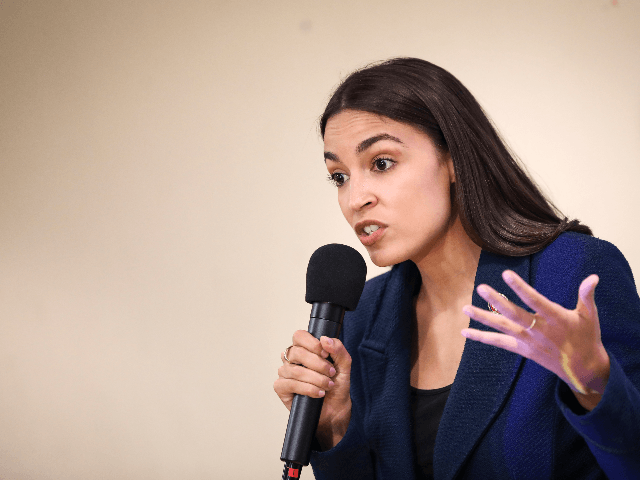 U.S. Rep. Alexandria Ocasio-Cortez (D-NY) speaks during a town hall meeting at the LeFrak