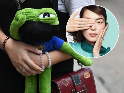 A demonstrator holds a Pepe the Frog stuffed toy as other protesters gather outside the High Court premises in support of activist Edward Leung, jailed for taking part in the 2016 Mongkok riots, during an appeal hearing for his period of sentence in Hong Kong on October 9, 2019. - …