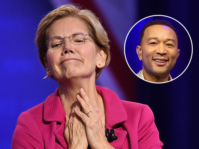 Democratic presidential hopeful Massachusetts Senator Elizabeth Warren reacts to supporter