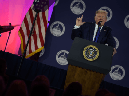 US President Donald Trump speaks at the Values Voter Summit at the Omni Shoreham Hotel on October 12, 2019 in Washington, DC. (Photo by Eric BARADAT / AFP) (Photo by ERIC BARADAT/AFP via Getty Images)