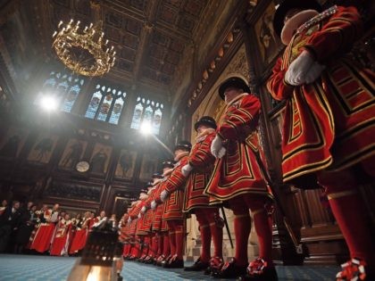 Yeomen of the Guard during the ceremonial search of the Palace of Westminster ahead of the State Opening of Parliament in the Houses of Parliament in London on October 14, 2019. - The State Opening of Parliament is where Queen Elizabeth II performs her ceremonial duty of informing parliament about …