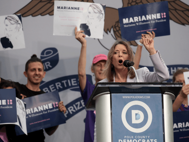 Democratic presidential candidate and self-help author Marianne Williamson speaks at the P