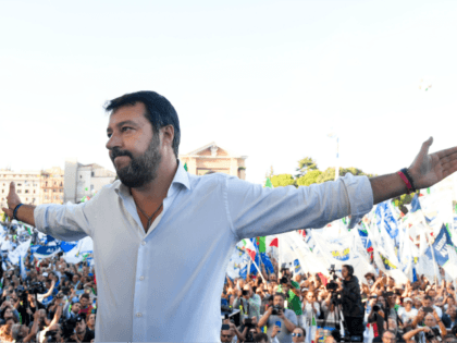 Leader of Italy's far-right League party, Matteo Salvini gestures as he prepares to addres