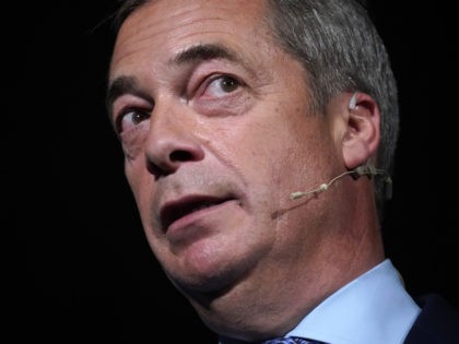 MAIDSTONE, ENGLAND - SEPTEMBER 26: Leader of the Brexit Party Nigel Farage speaks during the Brexit Party Conference tour at the Kent Event Centre, Kent Showground on September 26, 2019 in Maidstone, England. The rally is part of a nationwide conference tour in which Nigel Farage will address audiences around …