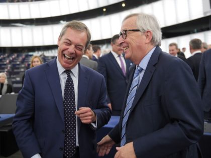 Brexit campaigner and Member of the European Parliament Nigel Farage (L) and European Commission President Jean-Claude Juncker react during a debate on the last EU summit and Brexit at the European Parliament on October 22, 2019, in Strasbourg, eastern France. - European Commission President Jean-Claude Juncker said that the EU …