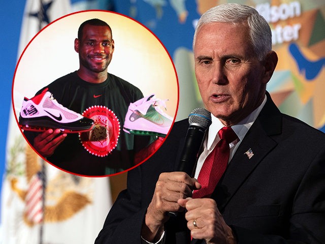 (INSET: NBA star LeBron James holding Nike shoes) US Vice President Mike Pence speaks on t