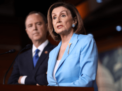 Speaker of the House Nancy Pelosi (D-CA) answers questions with House Select Committee on Intelligence Chairman Rep. Adam Shiff (D-CA) at the U.S. Capitol October 2, 2019 in Washington, DC. Pelosi and Schiff updated members of the media on the latest developments related to the impeachment inquiry focused on U.S …
