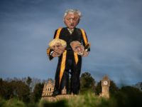 EDENBRIDGE, ENGLAND - OCTOBER 30: The Edenbridge Bonfire Society's 2019 'Celebrity Guy', Speaker of the House of Commons John Bercow, is erected after initially breaking during the unveiling on October 30, 2019 in Edenbridge, England. The 11 meter tall effigy, created by artist Andrea Deans, depicts Mr Bercow holding the …