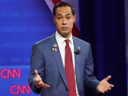 LOS ANGELES, CALIFORNIA - OCTOBER 10: Democratic presidential candidate and former U.S. Secretary of Housing and Urban Development Julian Castro speaks at the Human Rights Campaign Foundation and CNN’s presidential town hall focused on LGBTQ issues on October 10, 2019 in Los Angeles, California. It is the first Presidential event …