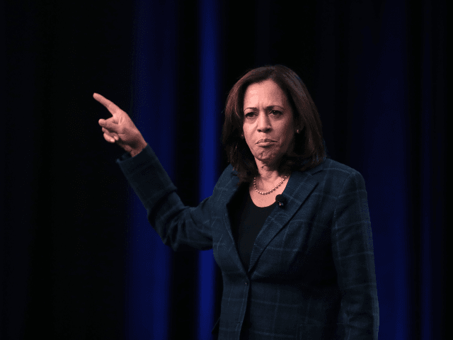 Democratic presidential candidate Sen. Kamala Harris (D-CA) speaks to guests at the United