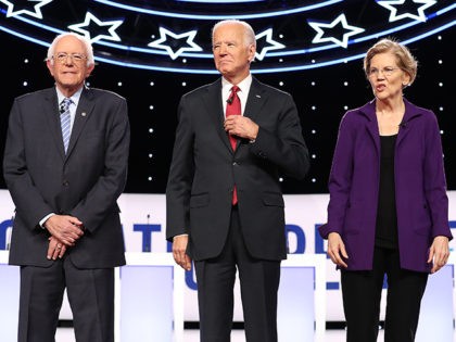 WESTERVILLE, OHIO - OCTOBER 15: Democratic presidential candidates (L-R) Sen. Bernie Sande