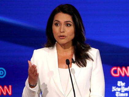 WESTERVILLE, OHIO - OCTOBER 15: Rep. Tulsi Gabbard (D-HI) speaks during the Democratic Presidential Debate at Otterbein University on October 15, 2019 in Westerville, Ohio. A record 12 presidential hopefuls are participating in the debate hosted by CNN and The New York Times. (Photo by Win McNamee/Getty Images)