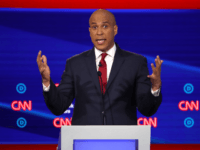 Sen. Cory Booker (D-NJ) speaks during the Democratic Presidential Debate at Otterbein University on October 15, 2019 in Westerville, Ohio. A record 12 presidential hopefuls are participating in the debate hosted by CNN and The New York Times. (Photo by Win McNamee/Getty Images)