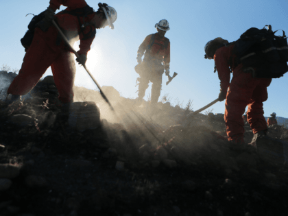 Firefighters from an inmate hand crew work to put out hot spots from the Tick Fire on Octo