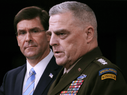 U.S. Defense Secretary Mark Esper (L) and Chairman of the Joint Chiefs of Staff Gen. Mark Milley hold a news conference at the Pentagon the day after it was announced that Abu Bakr al-Baghdadi was killed in a U.S. raid in Syria October 28, 2019 in Arlington, Virginia. The leader …
