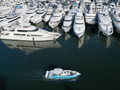 FORT LAUDERDALE, FLORIDA - OCTOBER 29: An aerial view from a drone shows boats that are being prepared for display at the 60th annual Fort Lauderdale International Boat Show on October 29, 2019 in Fort Lauderdale, Florida. The boat show starts tomorrow and is held over five days and features …