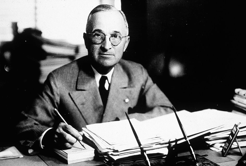 UNDATED FILE PHOTO: (FOR EDITORIAL USE ONLY) Harry S. Truman (1884-1972), the 33rd president of the United States, works at his desk in 1945. A newly discovered diary written by Truman was put on display at the National Archives July 10, 2003 in Washington, DC. Diary entries include controversial passages where Truman calls Jews "selfish," and the White House a "great white jail." The diary also reveals that Truman had asked Eisenhower to run as a Democrat with himself as his running mate. (Photo by Getty Images)
