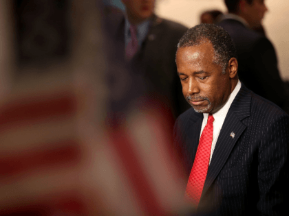 Republican presidential candidate Ben Carson prepares for a television interview before the start of the CNN republican presidential debate at The Venetian Las Vegas on December 15, 2015 in Las Vegas, Nevada. Thirteen Republican presidential candidates are participating in the fifth set of Republican presidential debates. (Photo by Justin Sullivan/Getty …