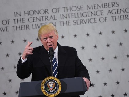 US President Donald Trump speaks at CIA Headquarters in Langley, Virginia, on January 21,