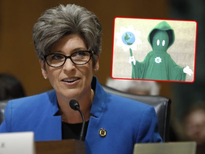 (INSET: The Department of Energy [DOE] mascot "The Green Reaper") WASHINGTON, DC - July 11: Sen. Joni Ernst (R-IA) speaks during a Commerce Committee hearing on paid family leave July 11, 2018 on Capitol Hill in Washington, DC. Legislators are hoping to add a paid family leave component to the …