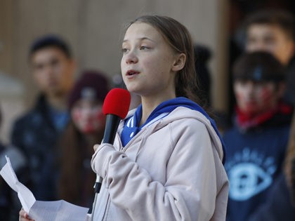 Swedish climate activist Greta Thunberg speaks to several thousand people at a climate strike rally Friday, Oct. 11, 2019, in Denver. The rally was staged in Denver's Civic Center Park. (AP Photo/David Zalubowski)