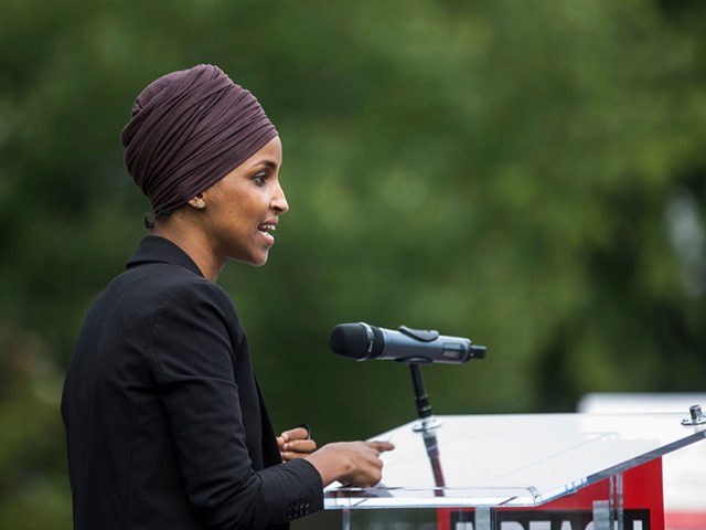 WASHINGTON, DC - SEPTEMBER 26: U.S. Rep. Ilhan Omar (D-MN) speaks at a rally hosted by Pro