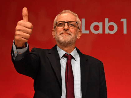 Britain's main opposition Labour Party Leader Jeremy Corbyn gestures after delivering a sp