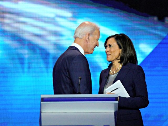 Democratic presidential candidates former Vice President Joe Biden, left, and Sen. Kamala Harris, D-Calif. shake hands Thursday, Sept. 12, 2019, after a Democratic presidential primary debate hosted by ABC at Texas Southern University in Houston. (AP Photo/David J. Phillip)