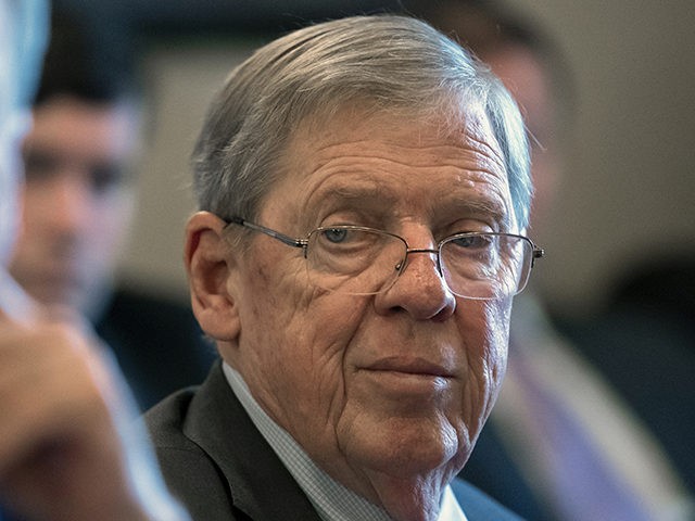 FILE - In this Feb. 14, 2019 photo, Sen. Johnny Isakson, R-Ga., leads a meeting on Capitol