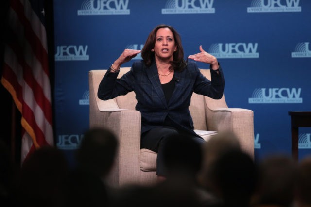 ALTOONA, IOWA - OCTOBER 13: Democratic presidential candidate Sen. Kamala Harris (D-CA) speaks to guests at the United Food and Commercial Workers' (UFCW) 2020 presidential candidate forum on October 13, 2019 in Altoona, Iowa. With 1.3 million members the UFCW is America's largest private sector union. The 2020 Iowa Democratic …