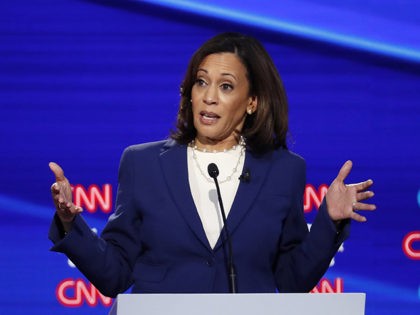 Democratic presidential candidate Sen. Kamala Harris, D-Calif., speaks during a Democratic presidential primary debate hosted by CNN/New York Times at Otterbein University, Tuesday, Oct. 15, 2019, in Westerville, Ohio. (AP Photo/John Minchillo)
