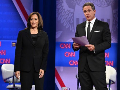 Democratic presidential hopeful California Senator Kamala Harris (L) speaks on stage alongside CNN moderator Chris Cuomo during a town hall devoted to LGBTQ issues hosted by CNN and the Human rights Campaign Foundation at The Novo in Los Angeles on October 10, 2019. (Photo by Robyn Beck / AFP) (Photo …