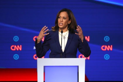 WESTERVILLE, OHIO - OCTOBER 15: Sen. Kamala Harris (D-CA) speaks during the Democratic Presidential Debate at Otterbein University on October 15, 2019 in Westerville, Ohio. A record 12 presidential hopefuls are participating in the debate hosted by CNN and The New York Times. (Photo by Win McNamee/Getty Images)