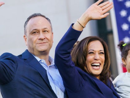 OAKLAND, CA - JANUARY 27: U.S. Senator Kamala Harris (D-CA) waves to her supporters with her husband, Douglas Emhoff and her niece, Amara Ajagu, 2, during her presidential campaign launch rally in Frank H. Ogawa Plaza on January 27, 2019, in Oakland, California. Twenty thousand people turned out to see …