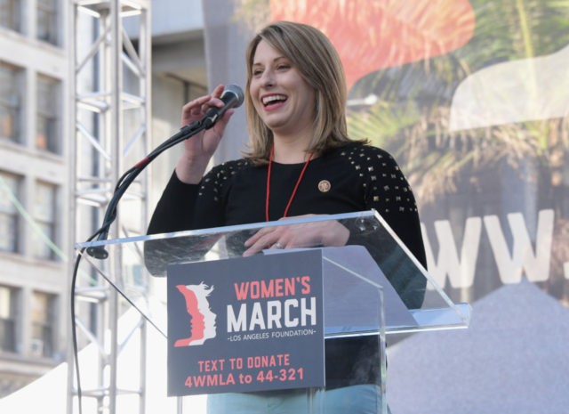 LOS ANGELES, CA - JANUARY 19: Katie Hill speaks onstage at the 2019 Women's March Lo