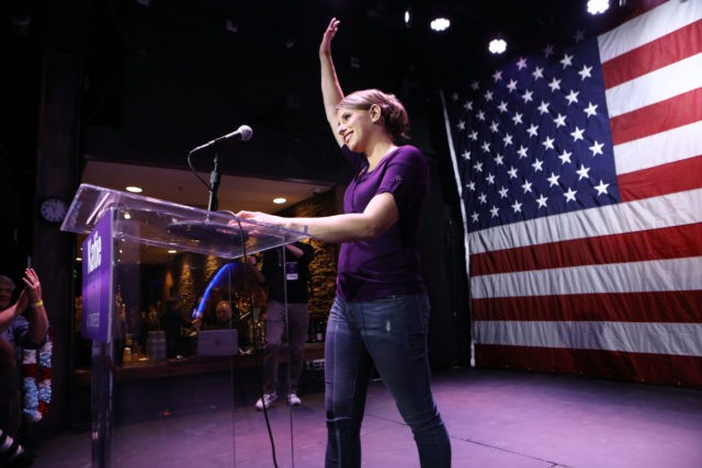 SANTA CLARITA, CA - NOVEMBER 06: Democratic Congressional candidate Katie Hill waves to supporters at her election night party in California's 25th Congressional district on November 6, 2018 in Santa Clarita, California. Republican incumbent U.S. Rep. Steve Knight is competing against Hill for his seat in the district in a …