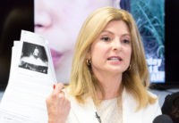 WOODLAND HILLS, CA - MARCH 13: Attorney Lisa Bloom, representing Andrea Buera who is accusing Trey Songz of assaulting her, speaks during a press conference at The Bloom Firm on March 13, 2018 in Woodland Hills, California. Buera has already obtained a restraining order based on the alleged assault that …
