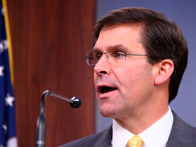 US Defense Secretary Mark Esper speaks during a press briefing at the Pentagon in Washington, DC, on August 28, 2019. - The Taliban must ensure that Afghanistan does not become a sanctuary for extremists before the United States withdraws troops, Dunford said Wednesday. (Photo by JIM WATSON / AFP) (Photo …