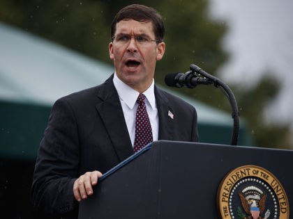Defense Secretary Mark Esper speaks during an Armed Forces welcome ceremony for the new chairman of the Joint Chiefs of Staff, Gen. Mark Milley, Monday, Sept. 30, 2019, at Joint Base Myer-Henderson Hall, Va. (AP Photo/Evan Vucci)