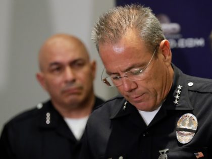 Los Angeles Police Department Chief Michel Moore informs the media on developments on the