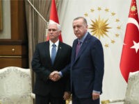 In this handout image provided by the Turkish presidency, Turkish President Recep Tayyip Erdogan receives U.S. Vice President Mike Pence at Presidential Complex in Ankara, Turkey on October 17, 2019. (Photo by Murat Cetinmuhurdar/Turkish Presidency via Getty Images)