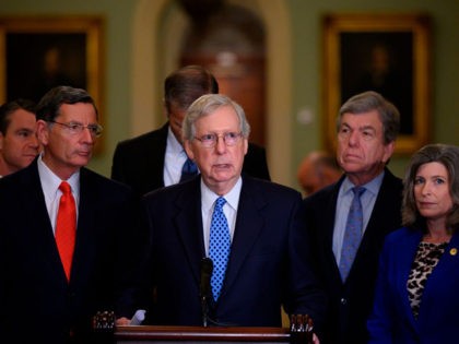 US Senate Majority Leader, Mitch McConnell (R-KY), speaks during a press conference with other Republican leaders on Capitol Hill in Washington, DC on October 22, 2019. (Photo by Andrew CABALLERO-REYNOLDS / AFP) (Photo by ANDREW CABALLERO-REYNOLDS/AFP via Getty Images)