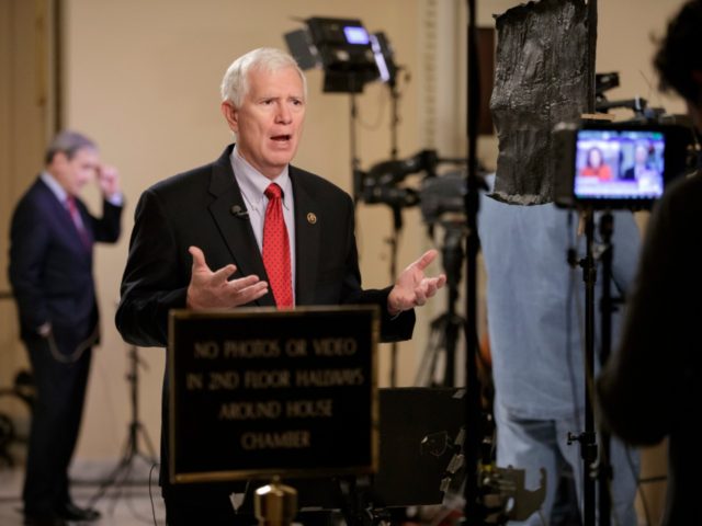 Rep. Mo Brooks, R-Ala., a member of the conservative Freedom Caucus responds during a TV i