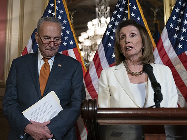 From left, Rep. Veronica Escobar, D-Texas, whose district contains El Paso, Texas, where a gunman killed 22 people at a Walmart, Senate Minority Leader Chuck Schumer, D-N.Y., and Speaker of the House Nancy Pelosi, D-Calif., call for a Senate vote on the House-passed Bipartisan Background Checks Act as Congress returns …