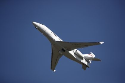 A Dassault Falcon 8X jet flies during the inauguration of the 53rd International Paris Air