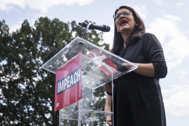 WASHINGTON, DC - SEPTEMBER 26: U.S. Rep. Rashida Tlaib (D-MI) speaks at a rally hosted by Progressive Democrats of America on Capitol Hill on September 26, 2019 in Washington, DC. House Speaker Nancy Pelosi (D-CA) announced yesterday the beginning of a formal impeachment inquiry against President Donald Trump. (Photo by …